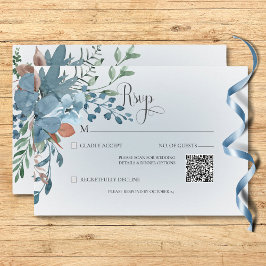 Boho Rust & Blue Floral Wedding White QR Code RSVP Karte