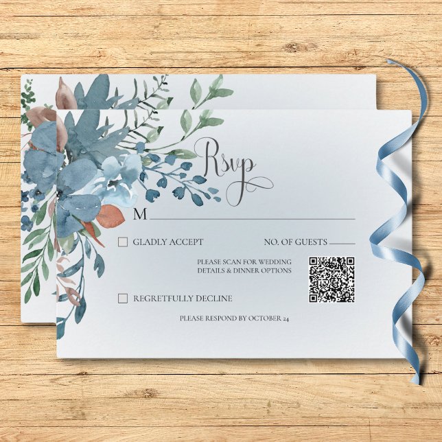 Boho Rust & Blue Floral Wedding White QR Code RSVP Karte (Boho Rust & Blue Floral Wedding White QR Code RSVP Card)