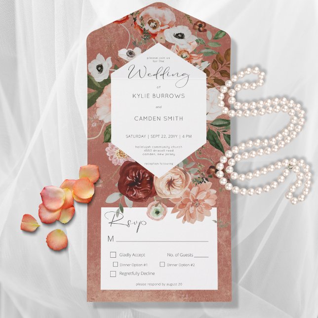 Boho Rust Burgundy Fall Floral Dinner All In One Einladung (Available with a QR code or without dinner selection options.)