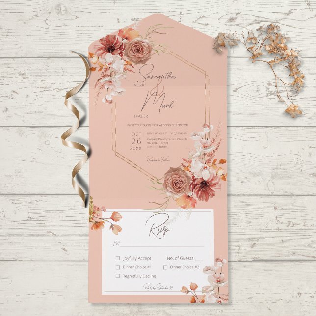 Boho Rust Fall Floral am Peach Dinner All In One Einladung (Von Creator hochgeladen)