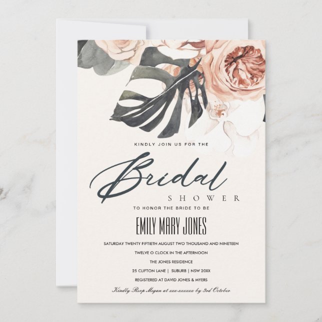 BOHO RUST FLORAL MONSTRERA BRAUTPARTY INVITE DANKESKARTE (Vorderseite)