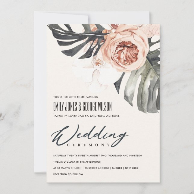 BOHO RUST FLORAL MONSTRERA LEAF WEDING INVITE DANKESKARTE (Vorderseite)