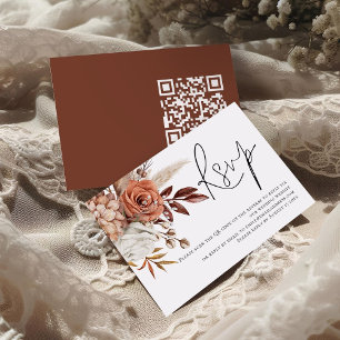 Boho Rust Florals Script QR Code Wedding RSVP Begleitkarte