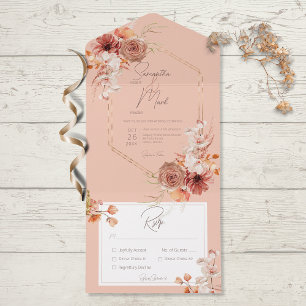 Boho Rust Herbstblumen auf Pfirsichfarbenem Abende All In One Einladung