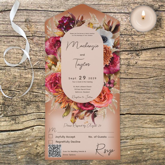 Boho Rust Modern Floral Wreath QR Code All In One Einladung (Von Creator hochgeladen)