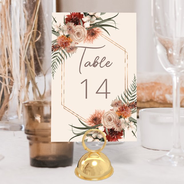 Boho Rust & Neutral Cream Fall Floral Wedding Tischnummer (Von Creator hochgeladen)