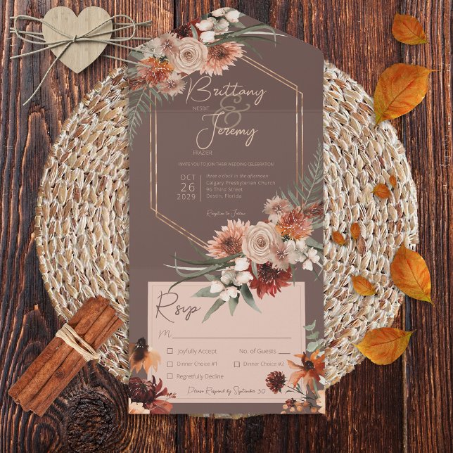 Boho Rust & Neutral Fall Floral Brown Dinner All In One Einladung (Von Creator hochgeladen)