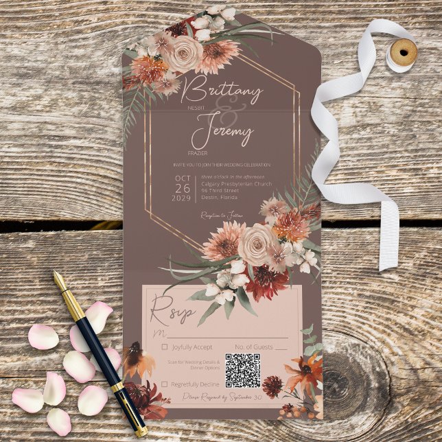 Boho Rust & Neutral Fall Floral Brown QR Code All In One Einladung (Von Creator hochgeladen)