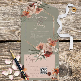 Boho Rust & Neutral Fall Floral Sage Green QR Code All In One Einladung