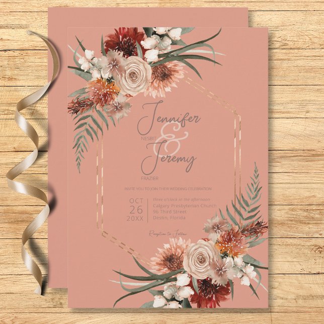 Boho Rust & Neutral Peach Rust Fall Blumenhochzeit Einladung (Boho Rust & Neutral Peach Rust Fall Floral Wedding Invitation)