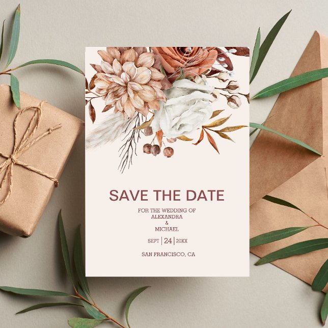 Boho Rust Terracotta Dried Fan Blume Hochzeit Save The Date (Von Creator hochgeladen)