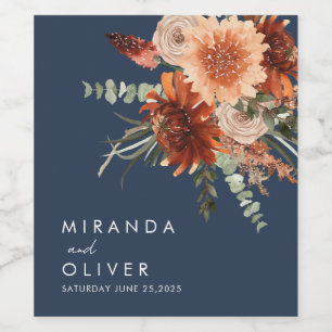 Boho Rust Watercolor Floral Navy Blue Wedding Weinetikett