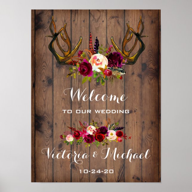 Boho Rustic Antler Blumenzettel Poster (Vorne)