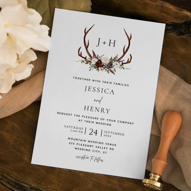 Boho Rustic Antlers Monogram Wedding Einladung (Von Creator hochgeladen)