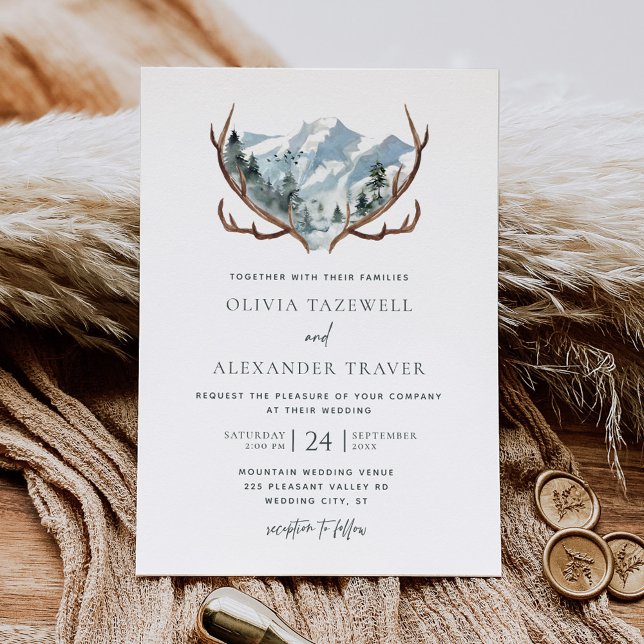 Boho Rustic Antlers Mountain Wedding Einladung (Von Creator hochgeladen)