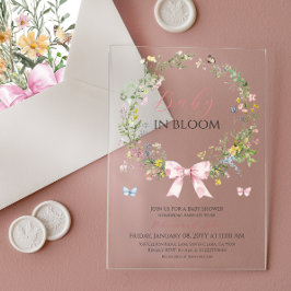 Boho Rustic Baby in Bloom Pink Bow Baby Dusche Acryleinladungen