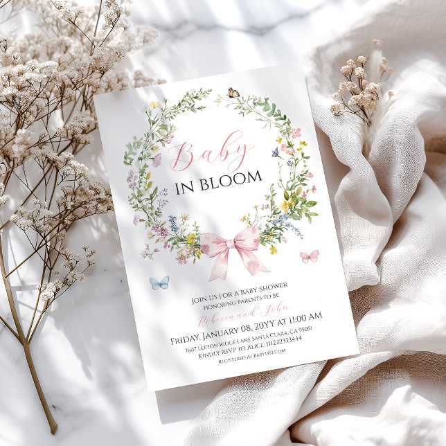 Boho Rustic Baby in Bloom Pink Bow Baby Dusche Einladung (Von Creator hochgeladen)
