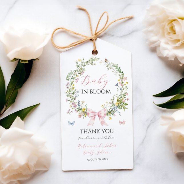 Boho Rustic Baby in Bloom Pink Bow Baby Dusche Geschenkanhänger (Von Creator hochgeladen)