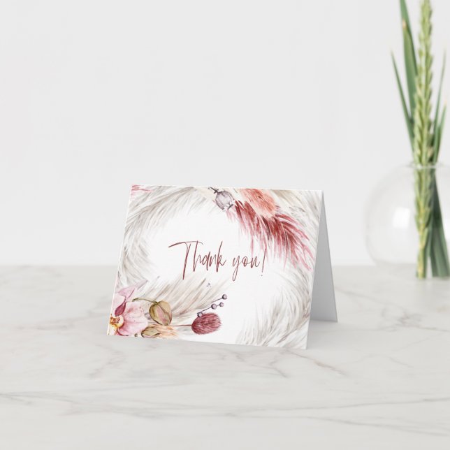 Boho Rustic Burgundy Blush Pink Elfenbein Pampas G Dankeskarte (Vorderseite)