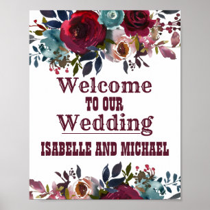 Boho Rustic Burgundy Floral Wedding Welcome Sign Poster
