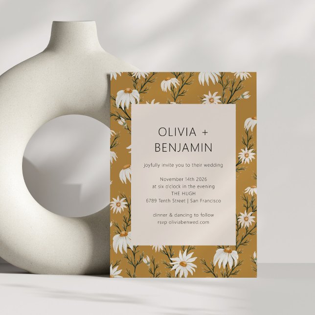 Boho Rustic Daisy Floral Mustard Yellow Wedding Einladung (Von Creator hochgeladen)
