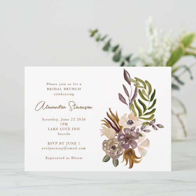 Boho Rustic Dusty Nature Botanical Bridal Brunch Einladung (Stehend Vorderseite)