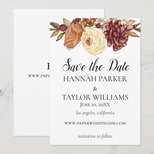 Boho Rustic Fall Watercolor Floral Save The Date (Vorne/Hinten)