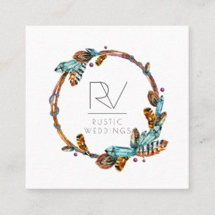 Boho Rustic Feather Wreath Monogram Quadratische Visitenkarte