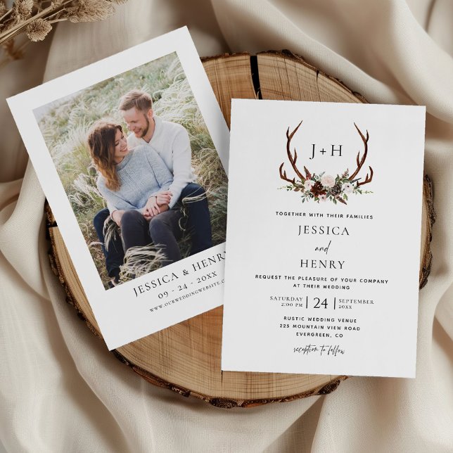 Boho Rustic Floral Antlers Wedding Foto Einladung (Von Creator hochgeladen)