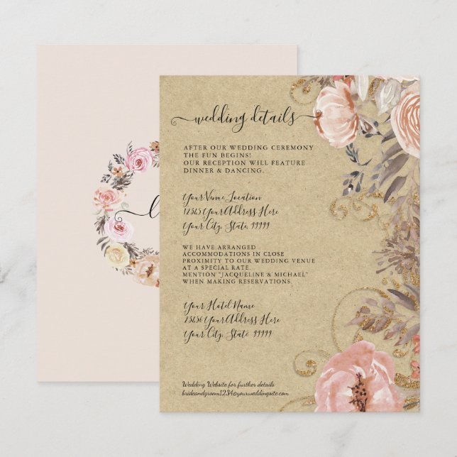 Boho Rustic Floral Blush Rose Gold Hochzeiten Deta Einladung (Vorne/Hinten)