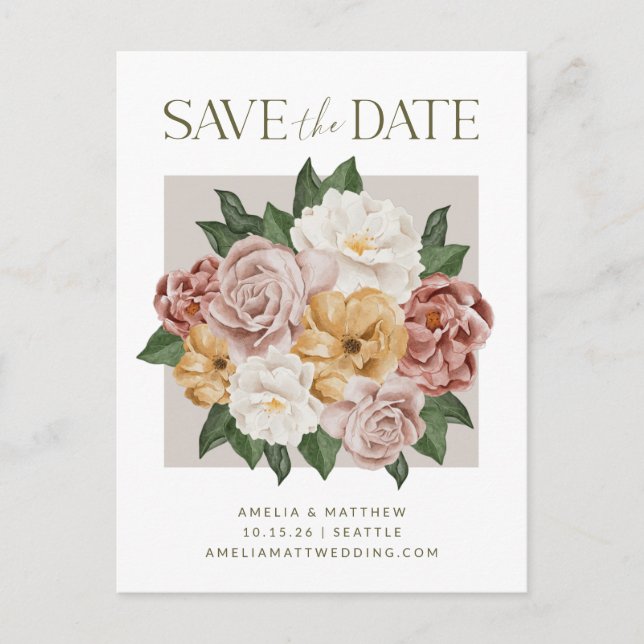 Boho Rustic Floral Bouquet Elegant Save the Date Postkarte (Vorderseite)