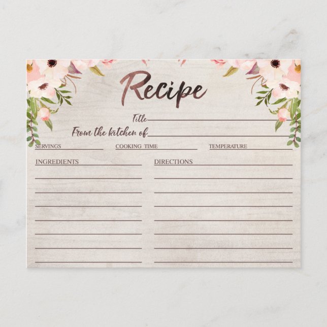 Boho Rustic Floral Brautparty Rezept Card Postkarte (Vorderseite)