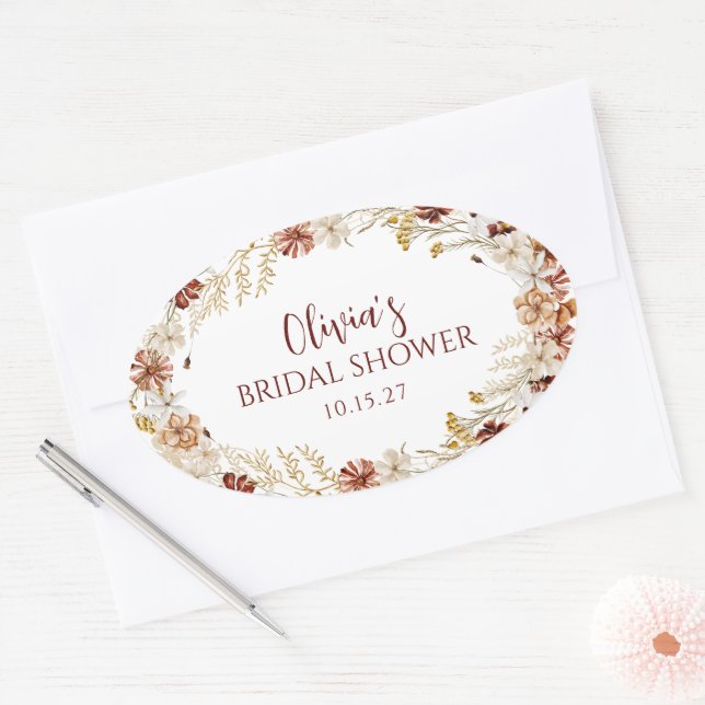 Boho Rustic Floral Burgundy Brautparty Custom Ovaler Aufkleber (Umschlag)