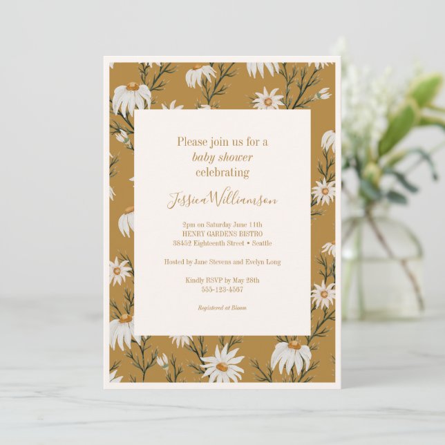 Boho Rustic Floral Daisies Yellow Baby Shower Einladung (Stehend Vorderseite)