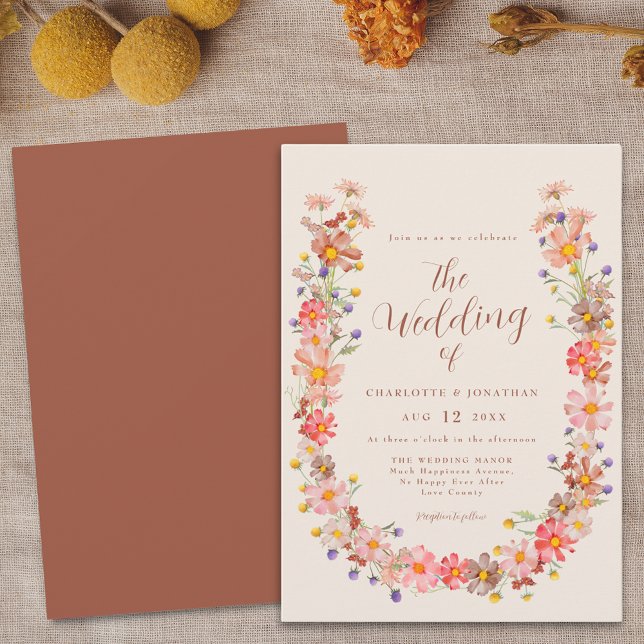Boho Rustic Floral Hochzeit im Herbst Einladung (Boho fall floral burnt orange beige wedding invitation with qr code Watercolor wildflower wreath)