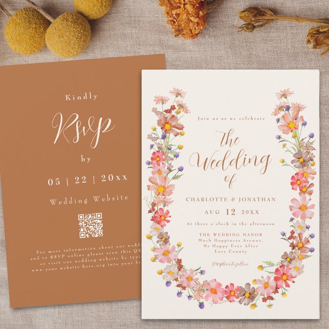 Boho Rustic Floral Hochzeit im Herbst Einladung (Boho fall rustic wildflower elegant script qr code wedding invitation watercolor floral wreath )