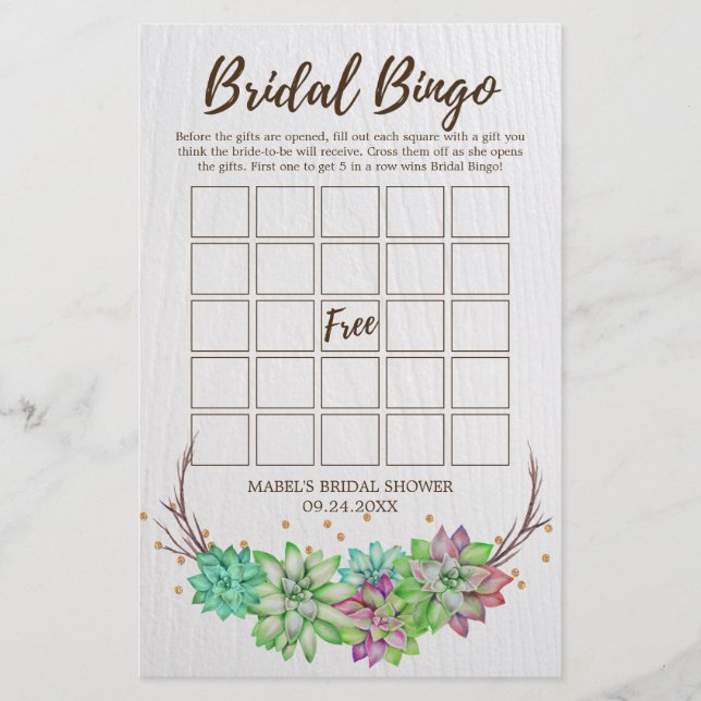 Boho Rustic Floral Succulent Bridal Bingo Game (Vorderseite)