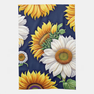Boho Rustic Floral Weiß und Gelb Sonnenblumen Geschirrtuch