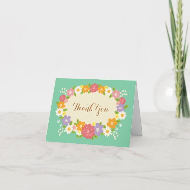 Boho Rustic Floral Wreath Wedding (Mint) Dankeskarte (Vorderseite)