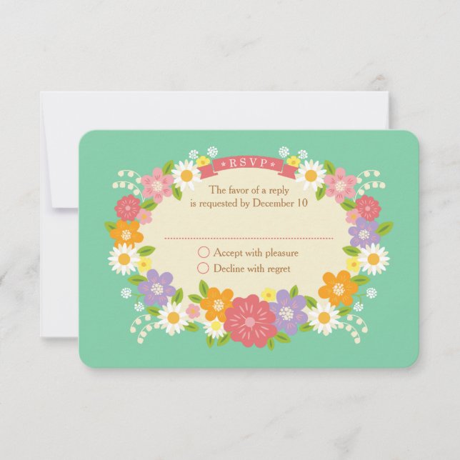 Boho Rustic Floral Wreath Wedding (Mint) RSVP Karte (Vorderseite)