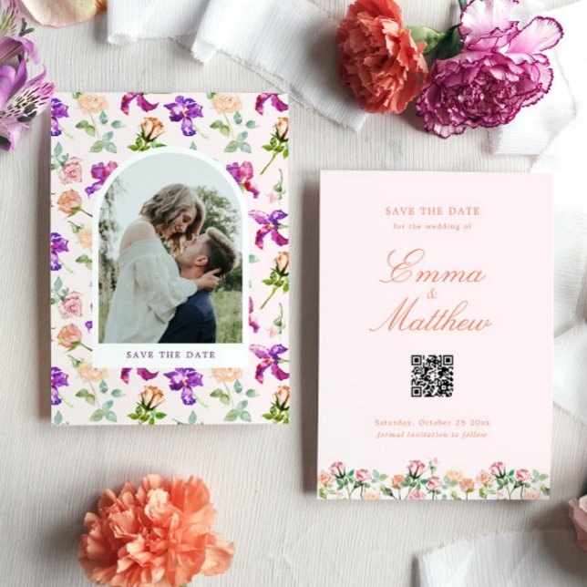 Boho Rustic Garden Foto Save The Date (Photo save the date card with watercolor flowers at the front and classic script + QR code at back)