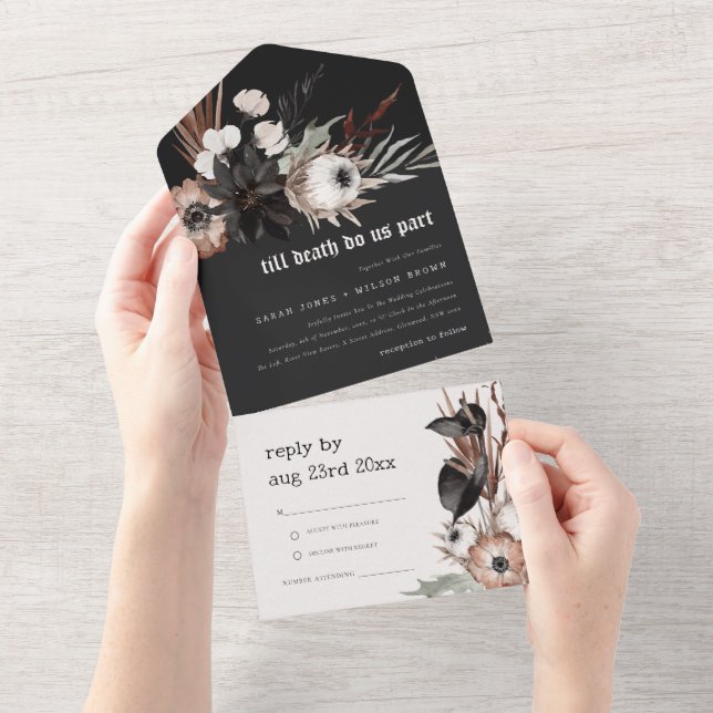 Boho Rustic Gothic Rust Black Botanical Wedding All In One Einladung (Abreißen)