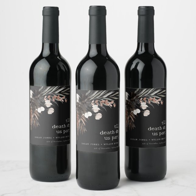 Boho Rustic Gothic Rust Black Botanical Wedding Weinetikett (Flaschen)