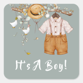 Boho Rustic Greenery Baby Boy Quadratischer Aufkleber