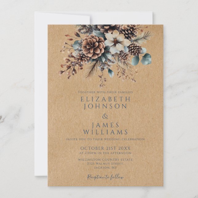 Boho Rustic Kraft Floral Pinecone Hochzeit Einladung (Vorderseite)