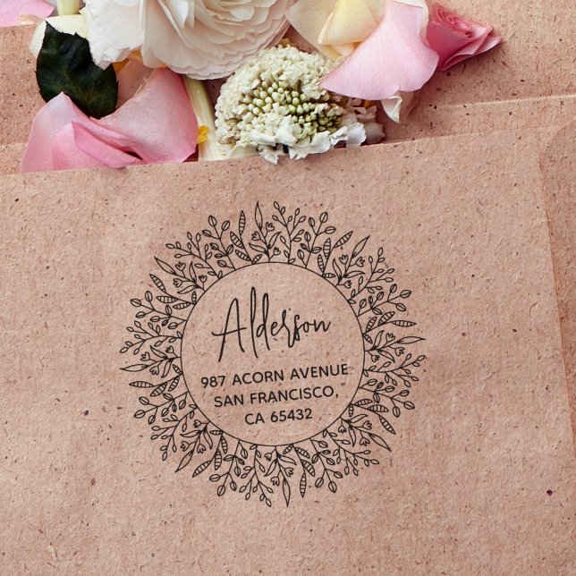 Boho Rustic Laurel Foliage Circle Rücksendeadresse Gummistempel (Stamp Mockup)