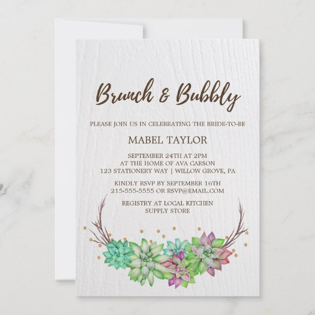 Boho Rustic Minze Floral Succulent Brunch & Bubbly Einladung (Vorderseite)