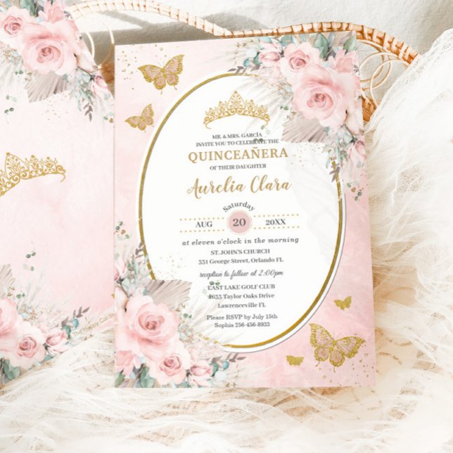 Boho Rustic Pampas Blush Pink Floral Quinceañera Einladung (Von Creator hochgeladen)