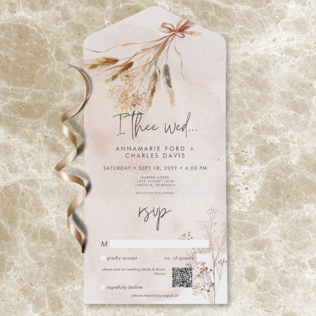 Boho Rustic Pampas & Dried Grass Bouquet QR Code All In One Einladung (Boho Rustic Pampas & Dried Grass Bouquet QR Code All In One Invitation)