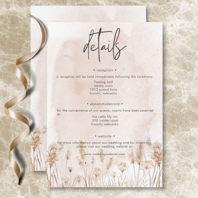 Boho Rustic Pampas & Driving Grass Bouquet Details Begleitkarte (Boho Rustic Pampas & Dried Grass Bouquet Details Enclosure Card)